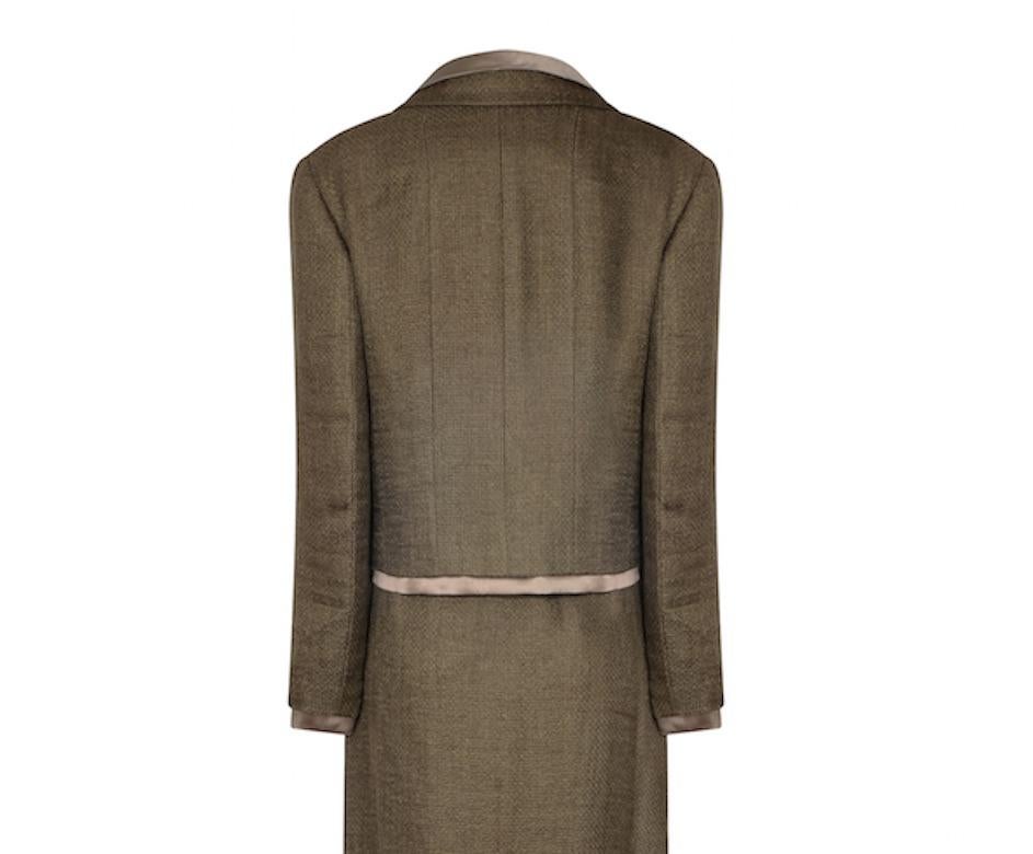 1999 Chanel Green Brown Tweed and Silk Three Piece Suit For Sale 1