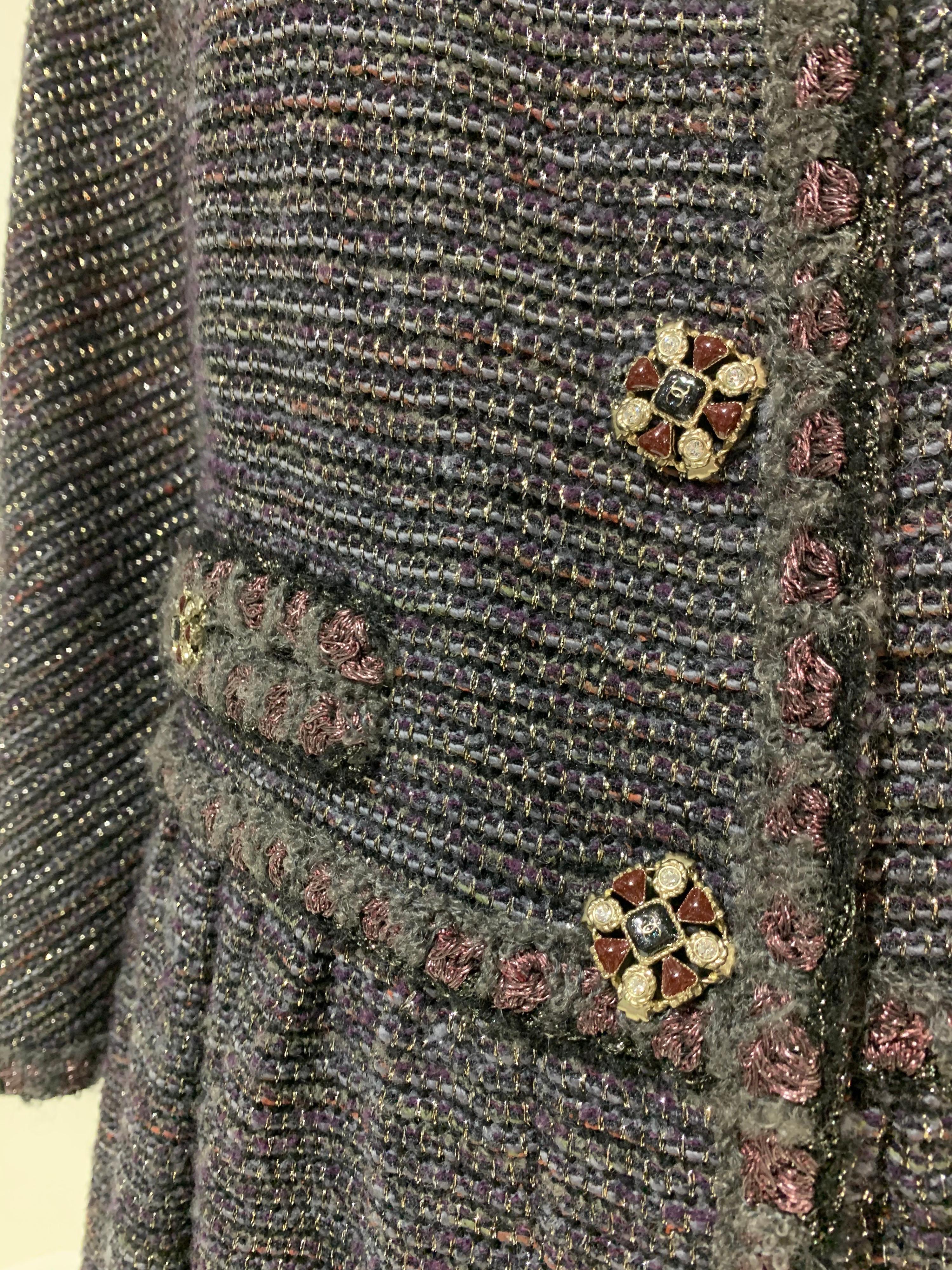 1990s Chanel Gunmetal Lame Tweed Babydoll Coat Dress w/ Jeweled Buttons 9