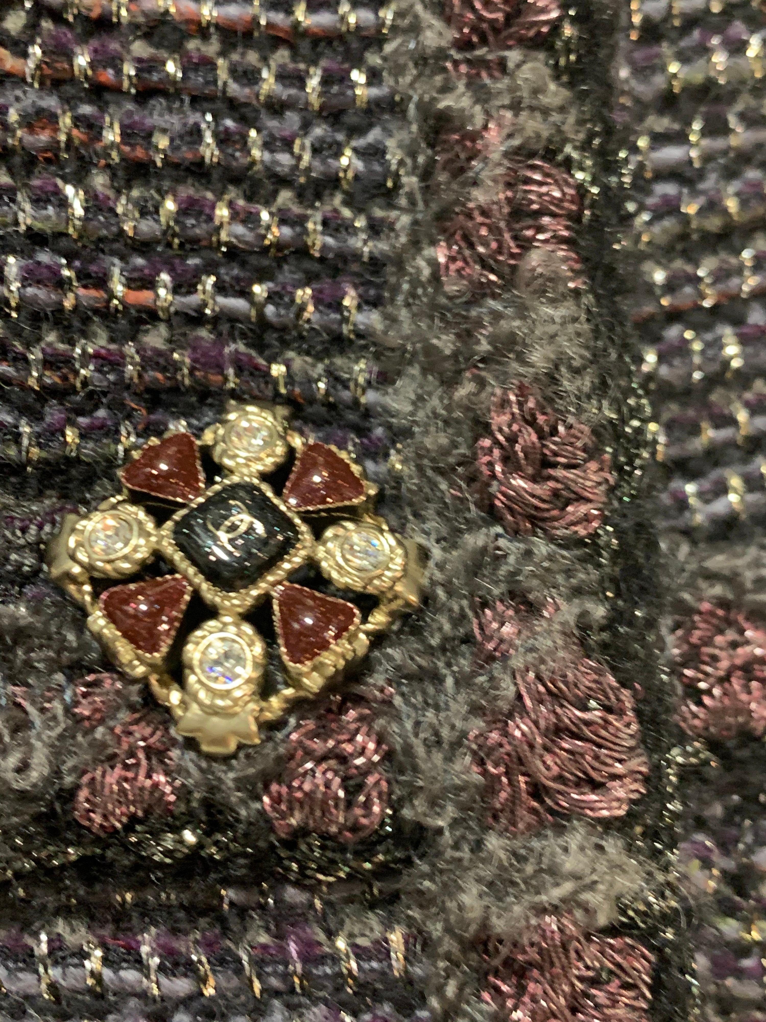 1990s Chanel Gunmetal Lame Tweed Babydoll Coat Dress w/ Jeweled Buttons 12