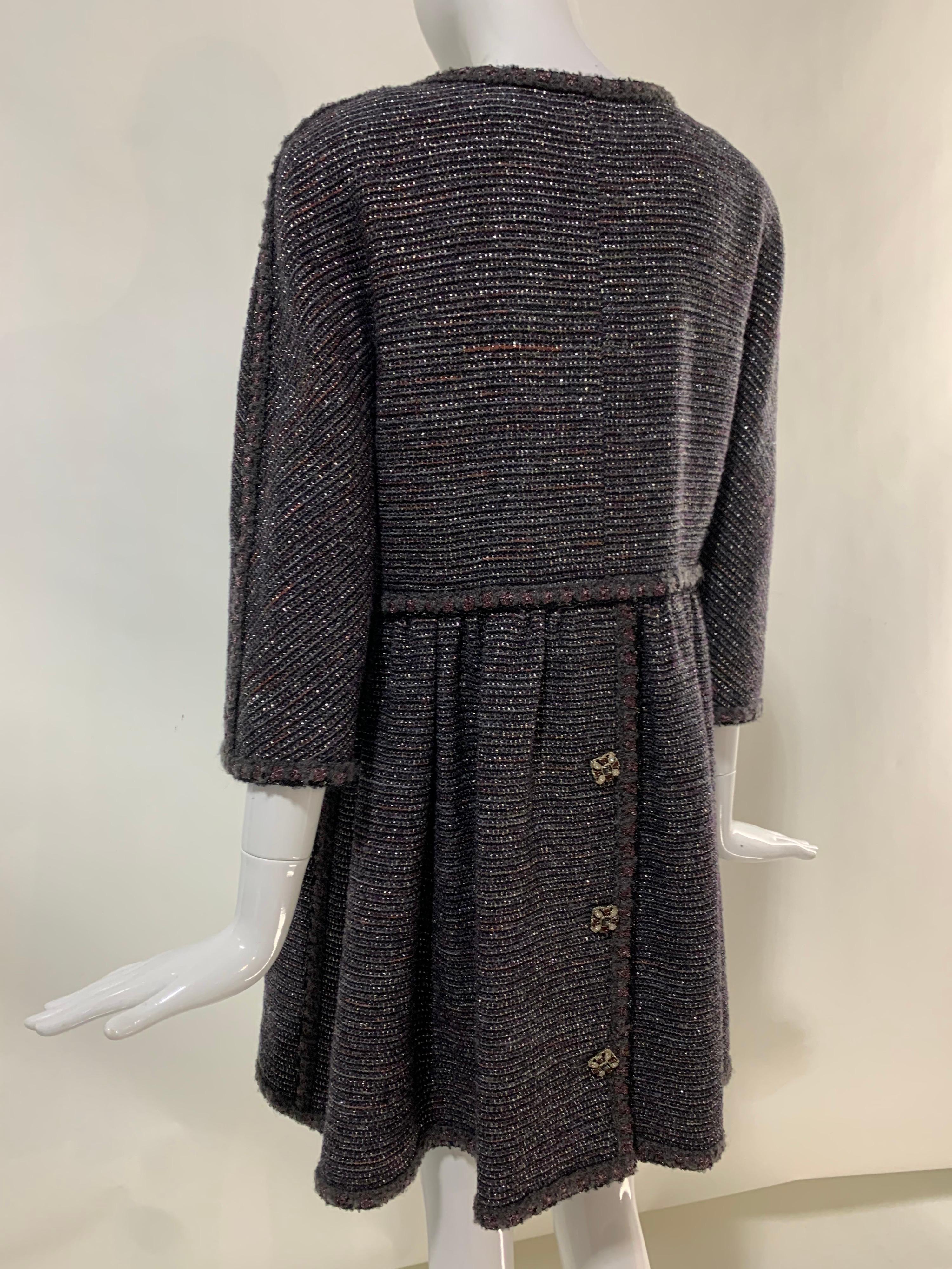 1990s Chanel Gunmetal Lame Tweed Babydoll Coat Dress w/ Jeweled Buttons In Excellent Condition In Gresham, OR