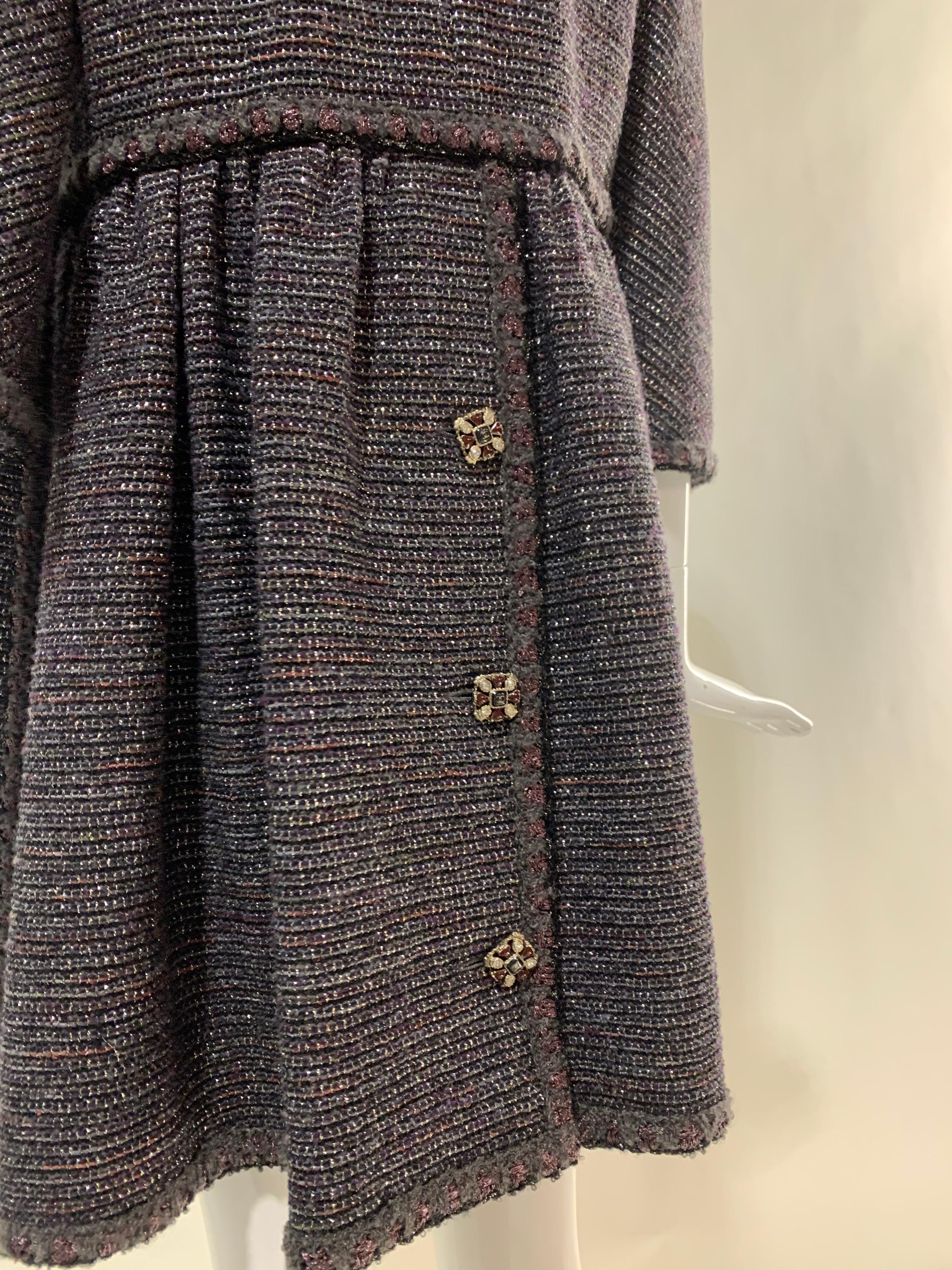 1990s Chanel Gunmetal Lame Tweed Babydoll Coat Dress w/ Jeweled Buttons 1