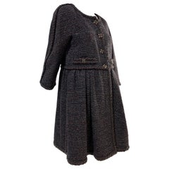 Vintage 1990s Chanel Gunmetal Lame Tweed Babydoll Coat Dress w/ Jeweled Buttons