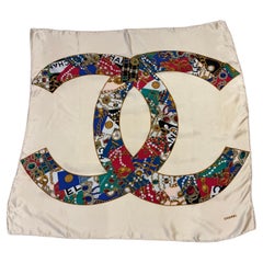 1990s Chanel  Gripois Jewelled CC Silk Scarf 35x35