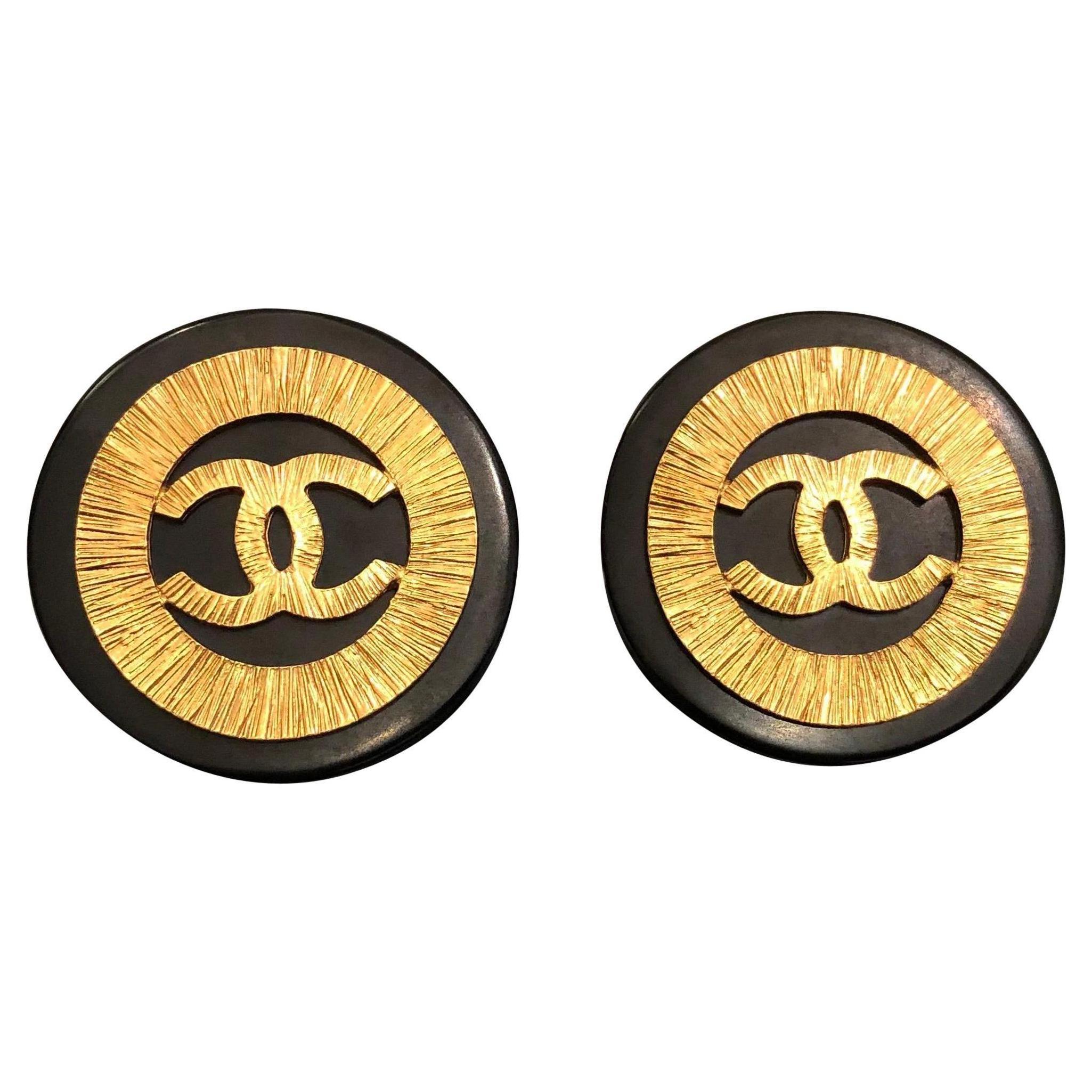 1990s Vintage Chanel Jumbo Black Gold Resin Button Earrings 