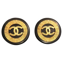 1990s Retro Chanel Jumbo Black Gold Resin Button Earrings 