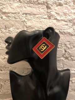 1990s Vintage Chanel Jumbo Black Red Leather Gold Toned Square Frame CC Earrings