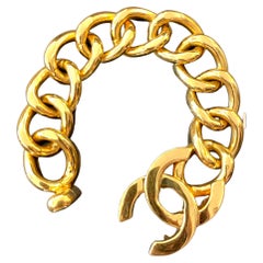 1990s Vintage CHANEL Jumbo Gold Toned Turnlock Chain Bracelet 