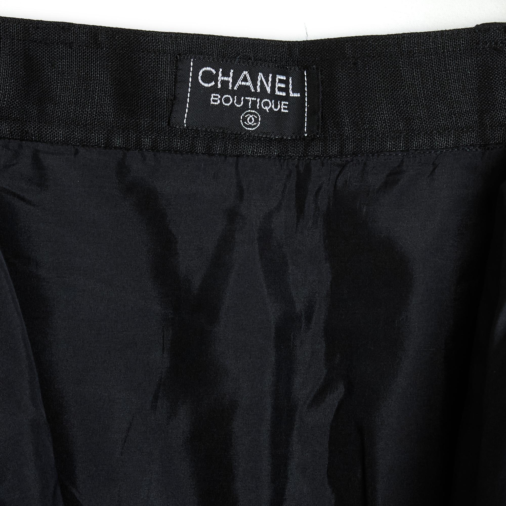 Women's 1990s Chanel Jupe Portefeuille FR40/42 Black Linen Wrap Skirt US10/12 For Sale