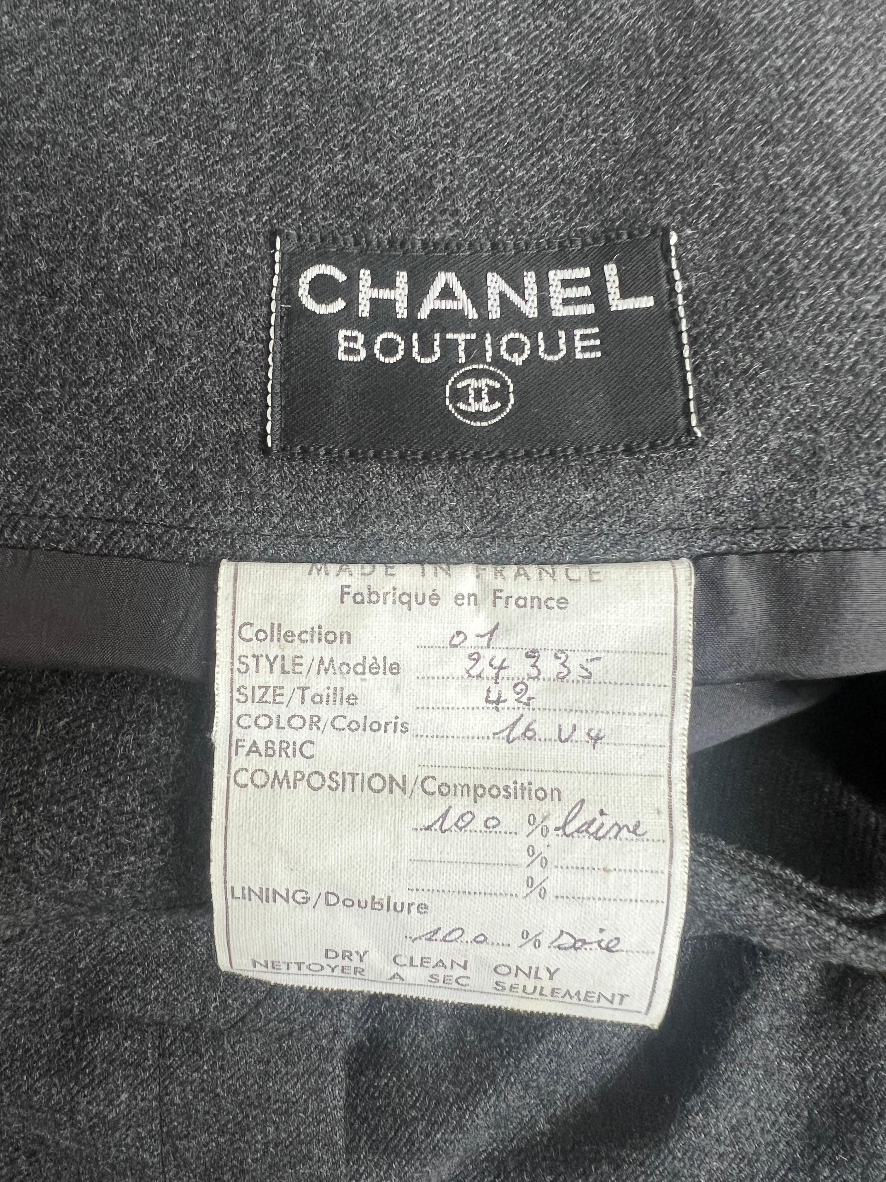 1990s Chanel Karl Lagerfeld High Waisted Wide Leg Grey Wool Trousers with Buckle For Sale 3