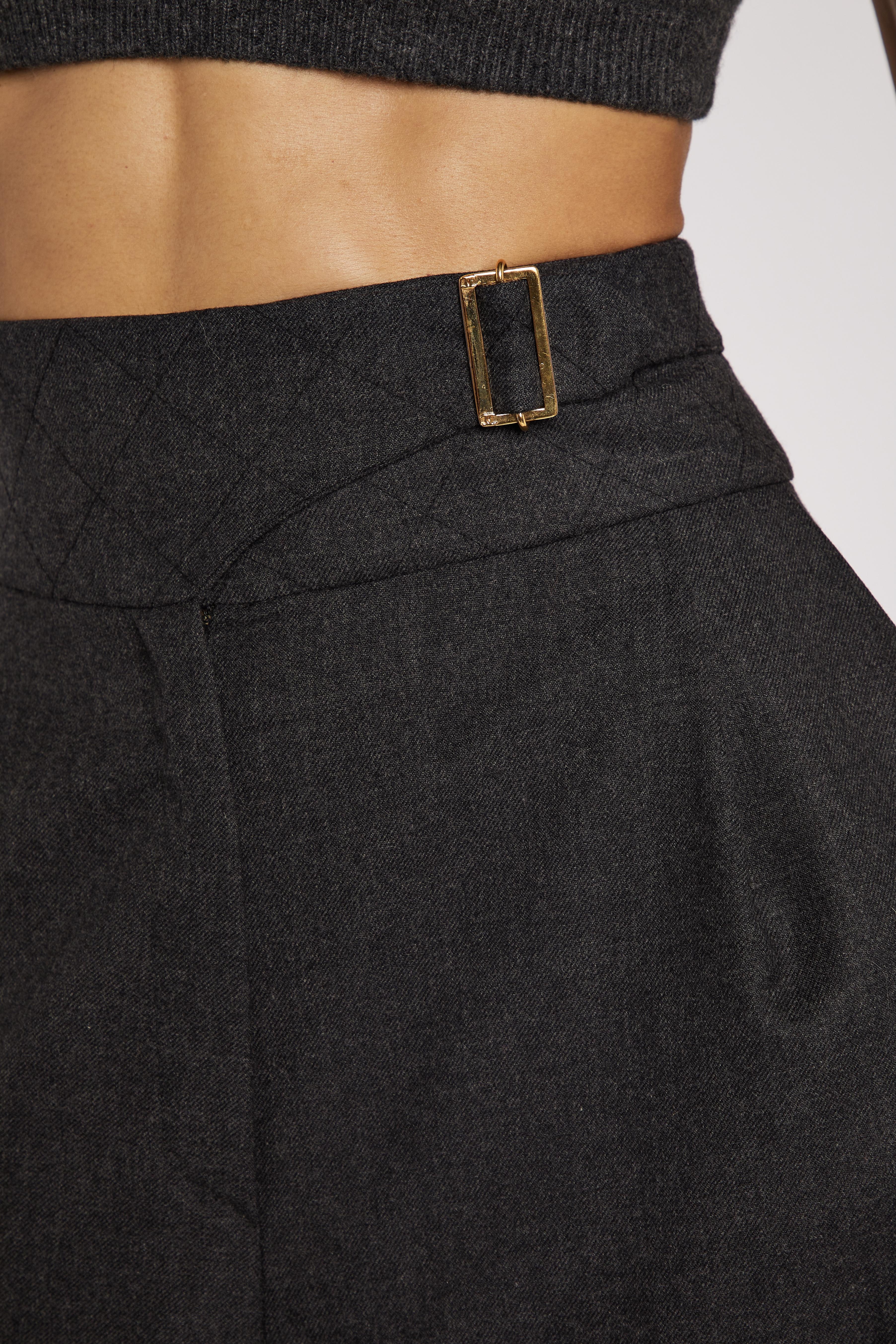 1990s Chanel Karl Lagerfeld High Waisted Wide Leg Grey Wool Trousers with Buckle In Excellent Condition In London, GB