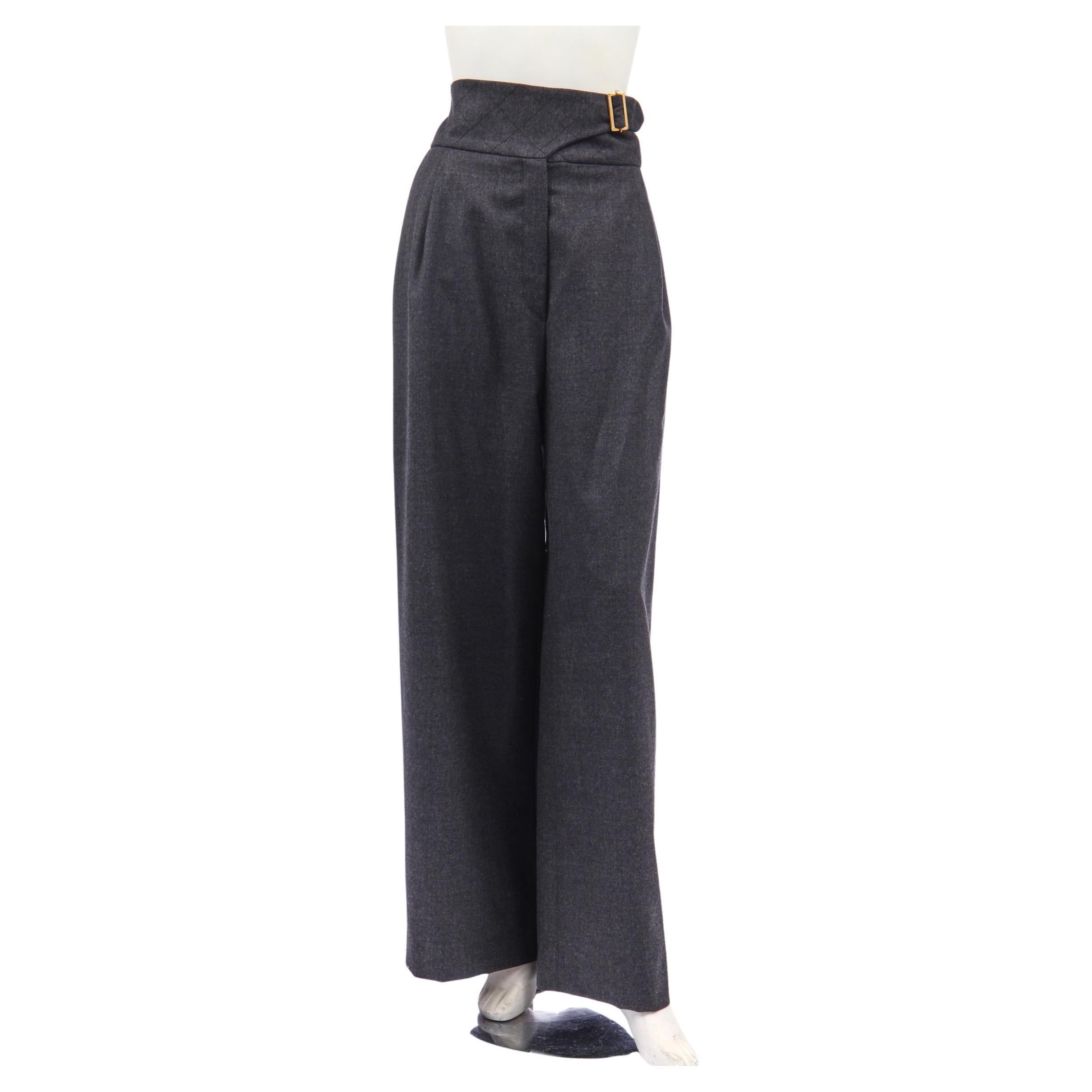 1990s Chanel Karl Lagerfeld High Waisted Wide Leg Grey Wool Trousers with Buckle For Sale 1