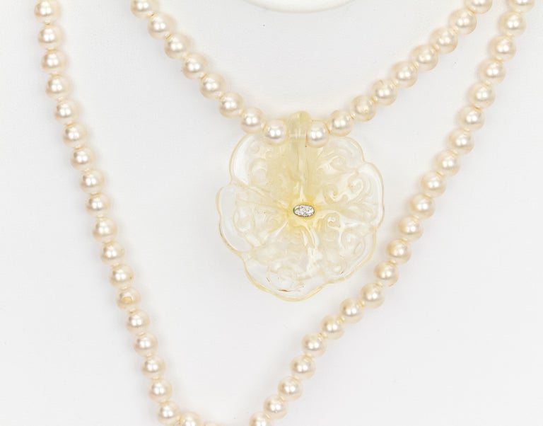 1990's Chanel Long Pearl Necklace with Camellia For Sale at