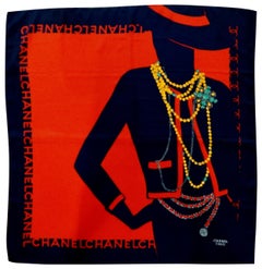 Retro 1990s Chanel Mademoiselle Navy and Red Silk Scarf