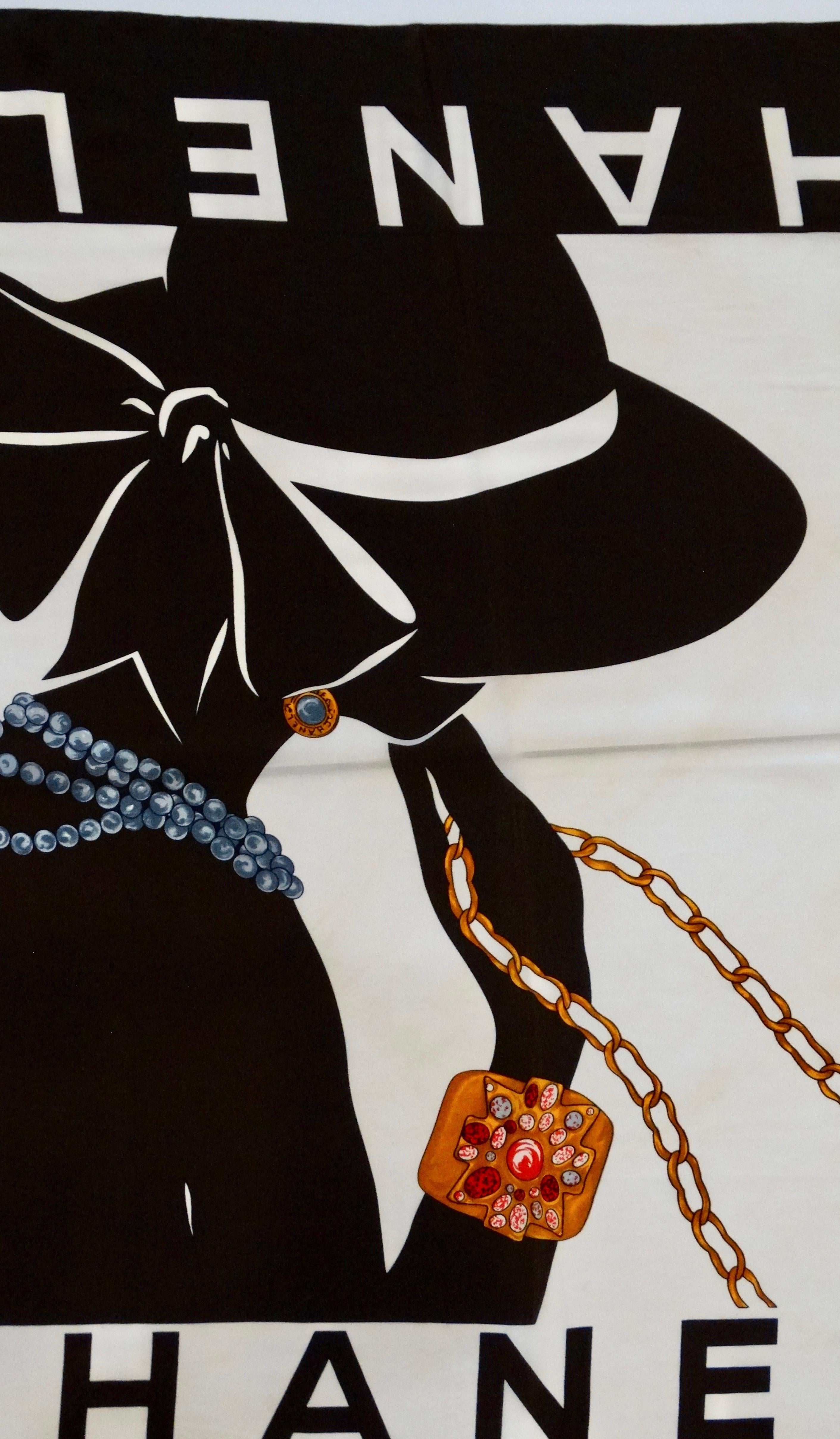 Feel like the ultimate Chanel lady in this scarf! Circa early 1990s, this Silk scarf features a contrasting black and white silhouette of a woman wearing a hat and decorated with colorful Chanel jewelry. 