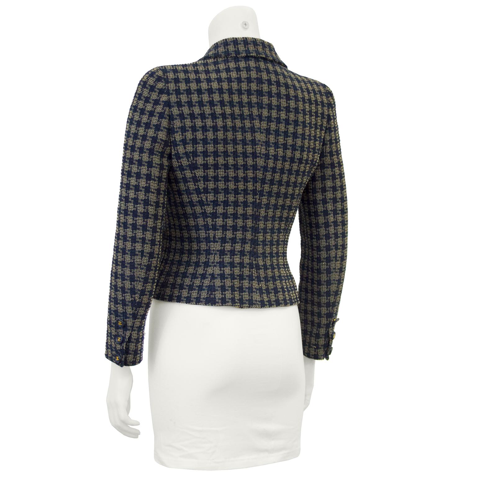 Black 1990s Chanel Navy and Cream Woven Plaid Cropped Jacket
