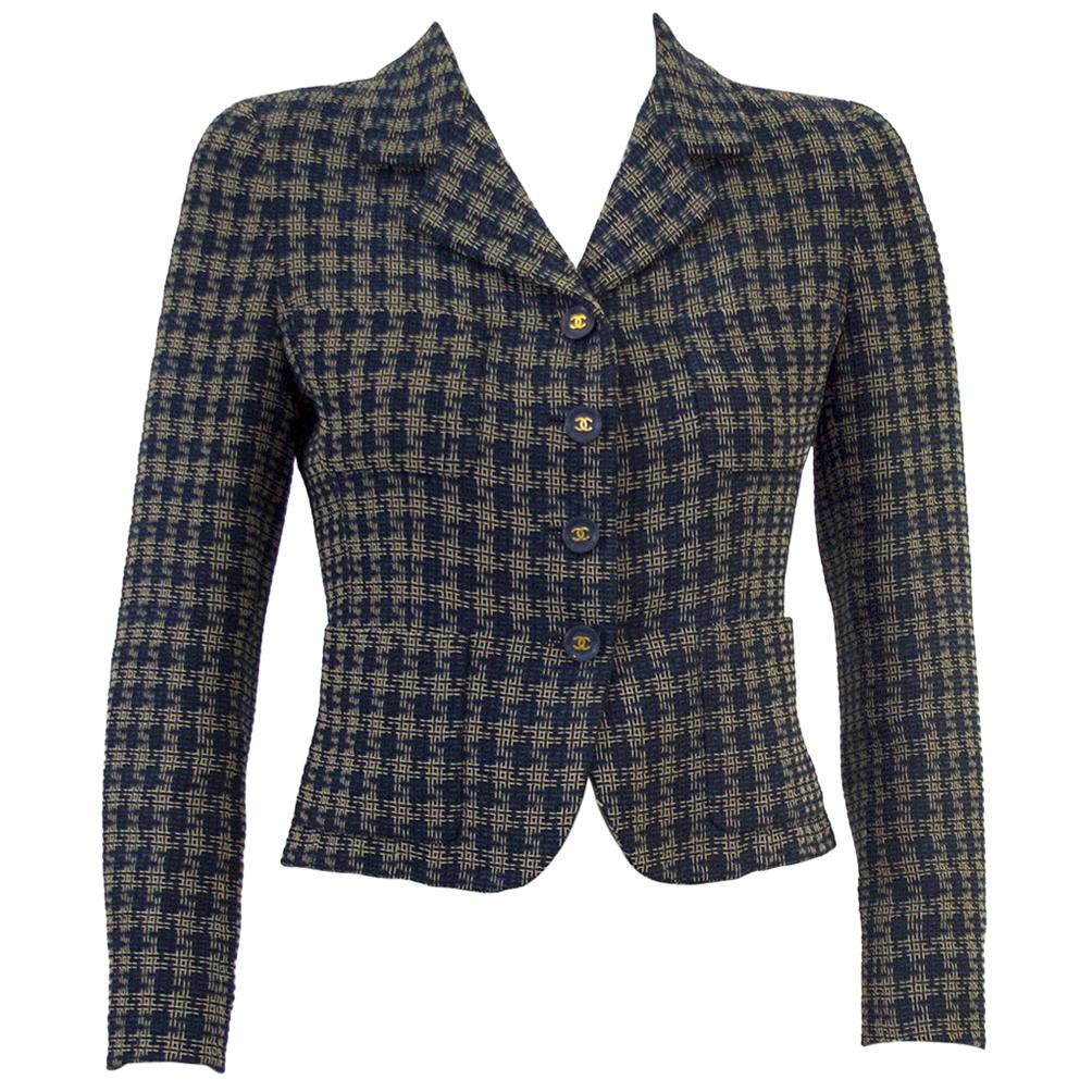1990s Chanel Navy and Cream Woven Plaid Cropped Jacket