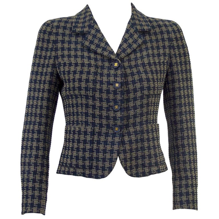 1990s Chanel Navy and Cream Woven Plaid Cropped Jacket at 1stDibs