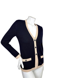 1990s Chanel Navy & Ecru Cashmere Cardigan with CC Logo Buttons