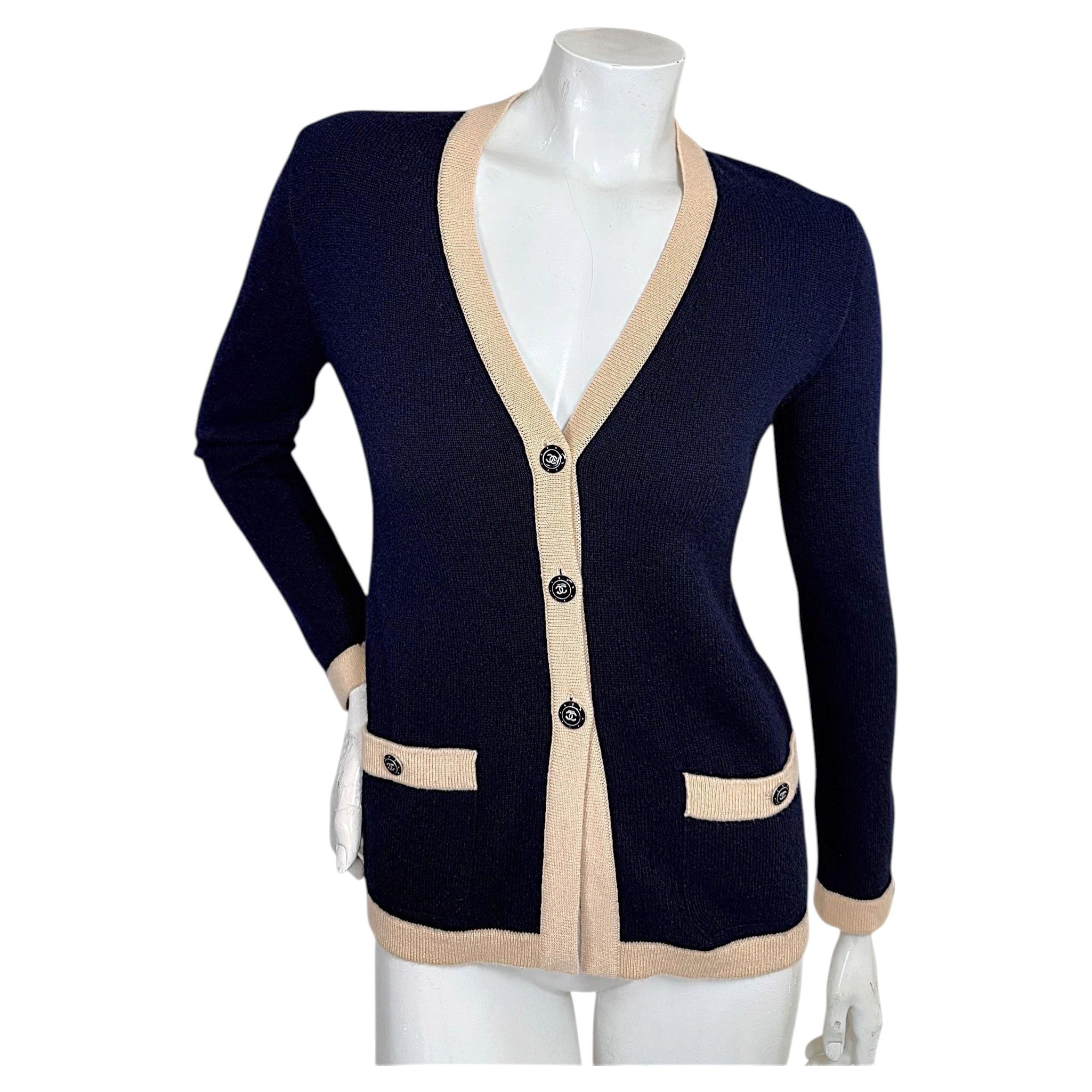 1990s Chanel Navy & Ecru Cashmere Cardigan with CC Logo Buttons For Sale