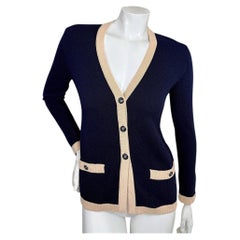 1990s Chanel Navy & Ecru Cashmere Cardigan with CC Logo Buttons
