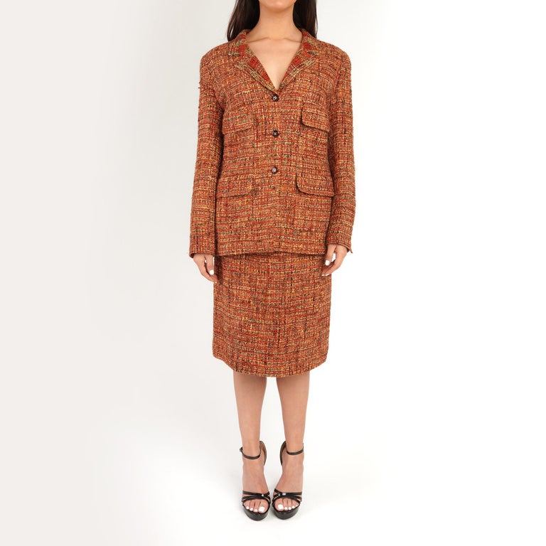 1990's Chanel Orange and Beige Wool Tweed Vintage Skirt Suit at