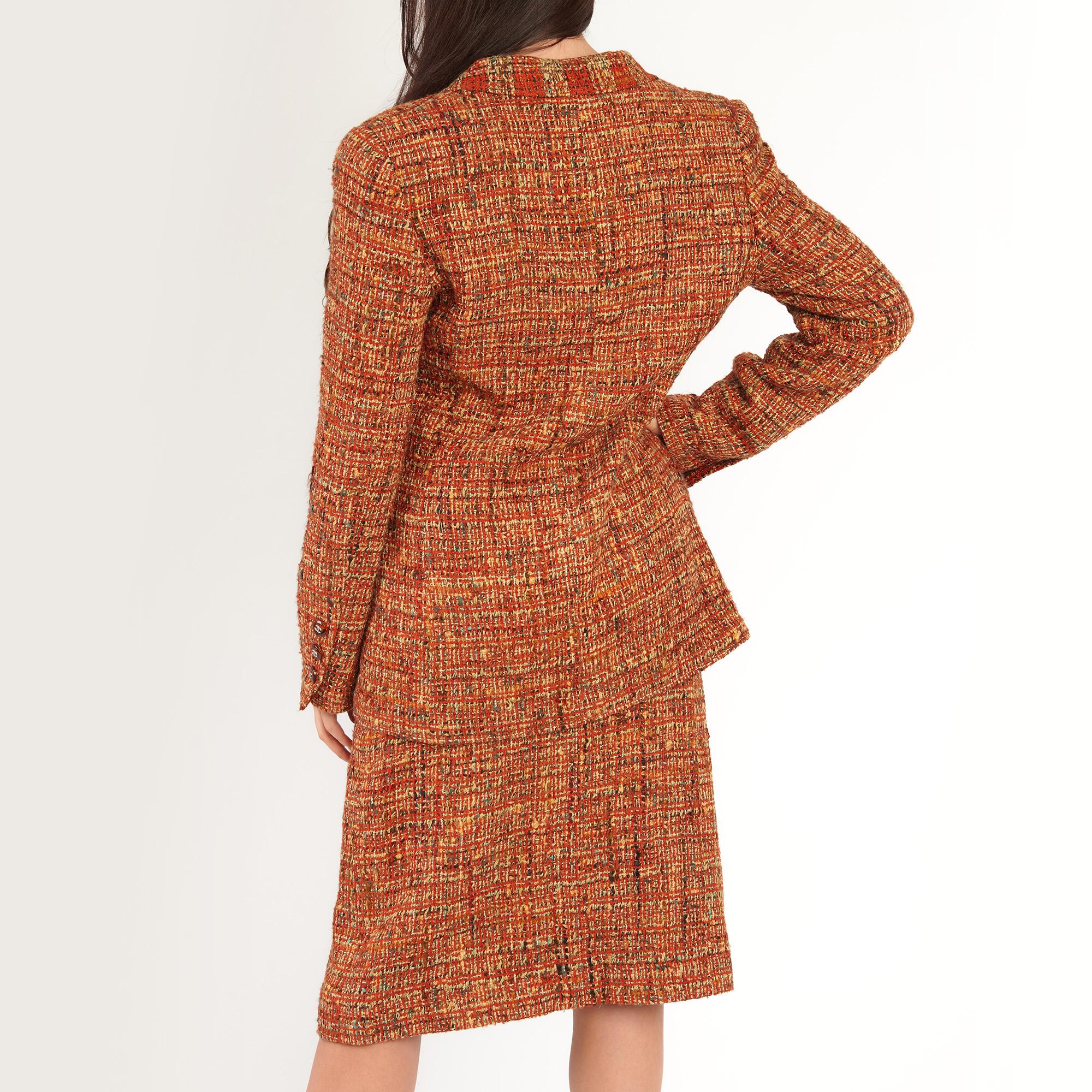 Brown 1990's Chanel Orange & Beige Wool Tweed Vintage Skirt Suit
