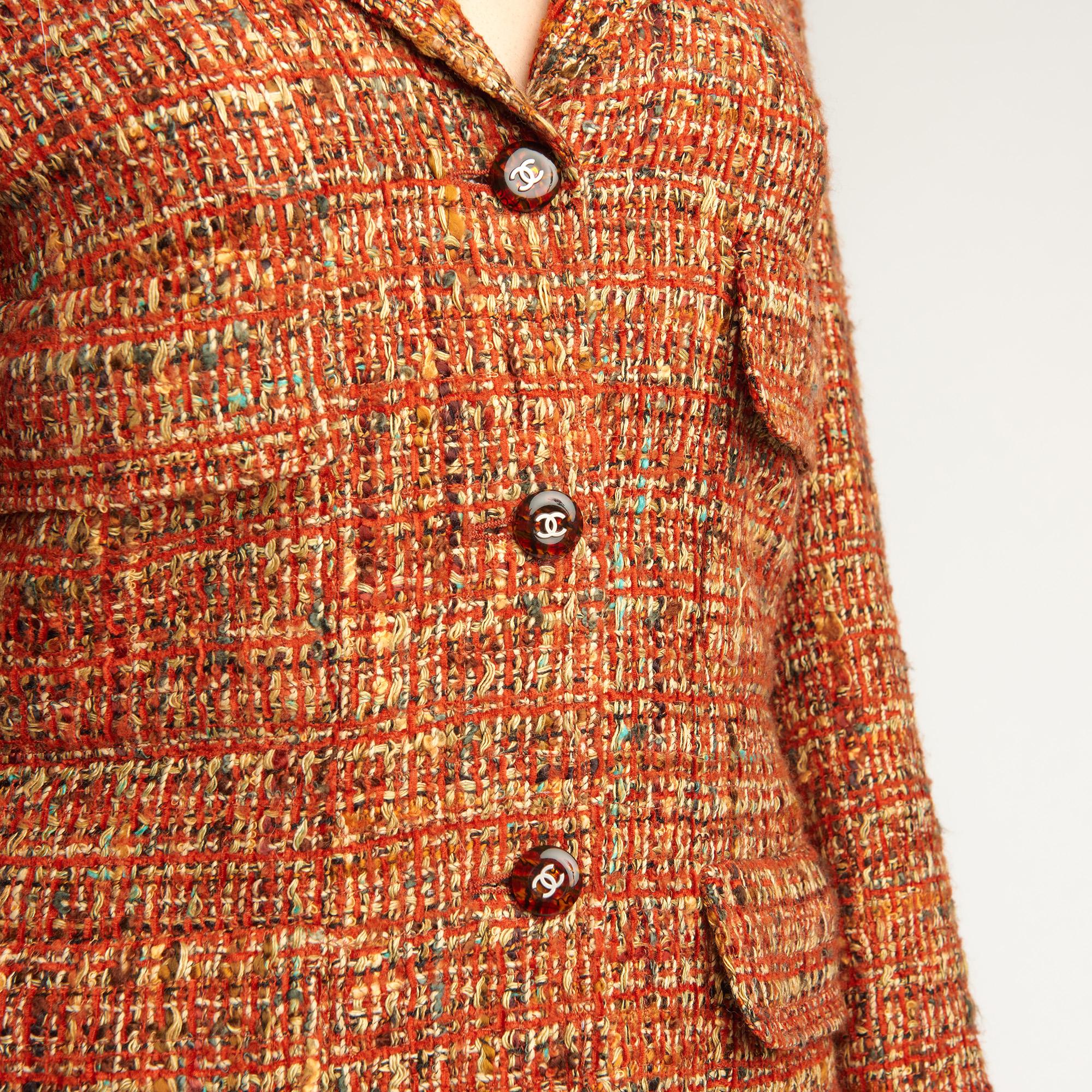 1990's Chanel Orange & Beige Wool Tweed Vintage Skirt Suit 1