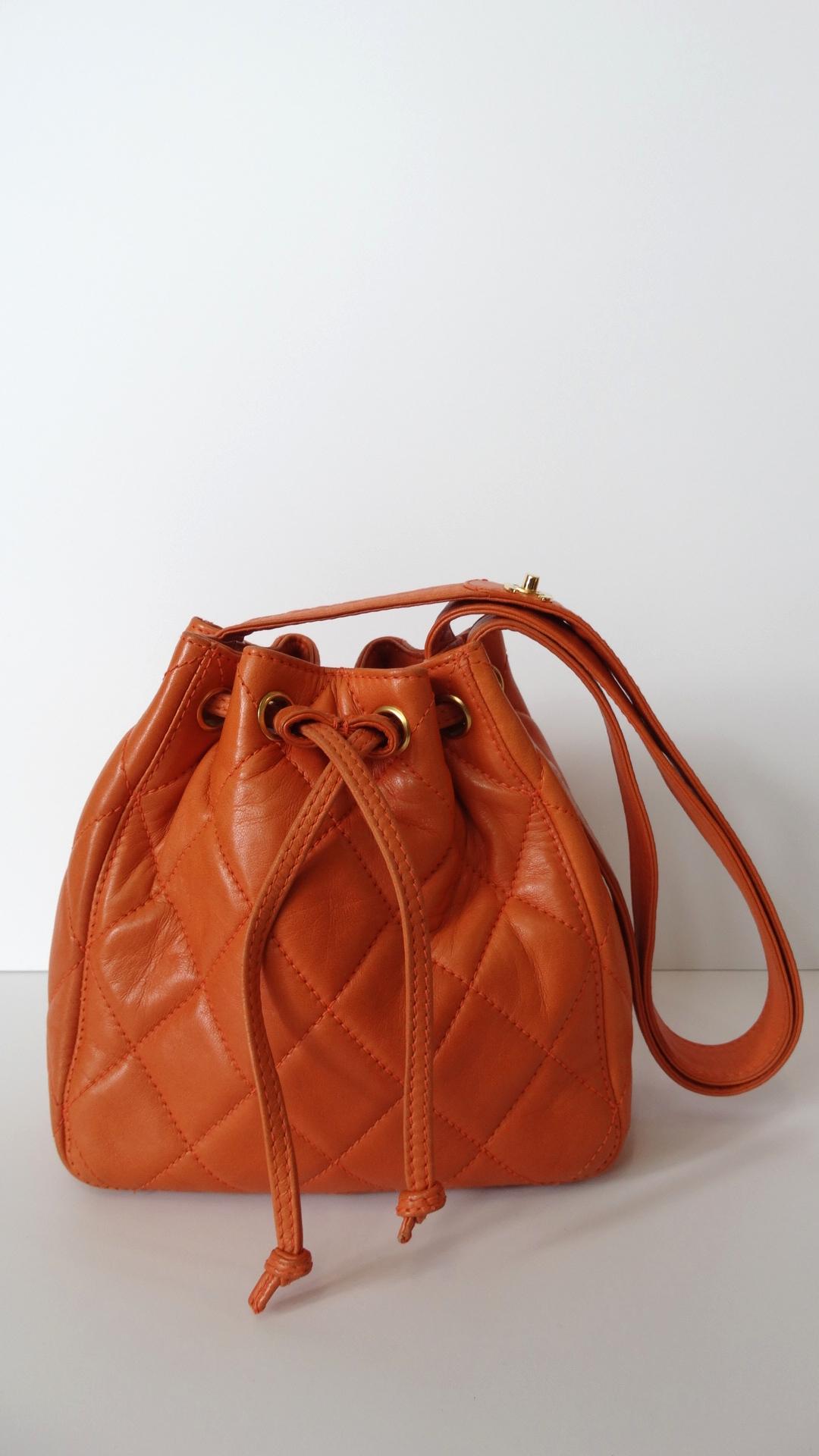 Chanel 1990s Orange Quilted Leather Bucket Bag  5