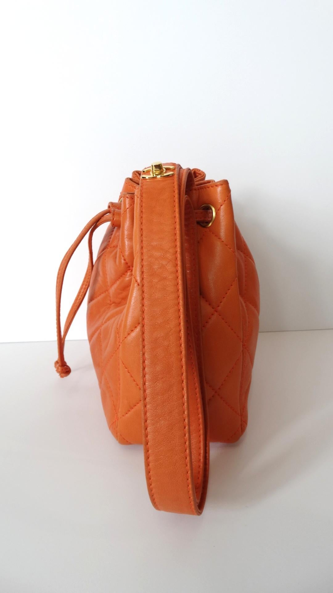 1990s Chanel Orange Quilted Leather Bucket Bag  6