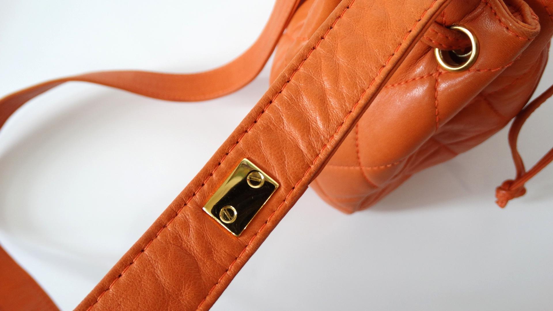 Chanel 1990s Orange Quilted Leather Bucket Bag  7