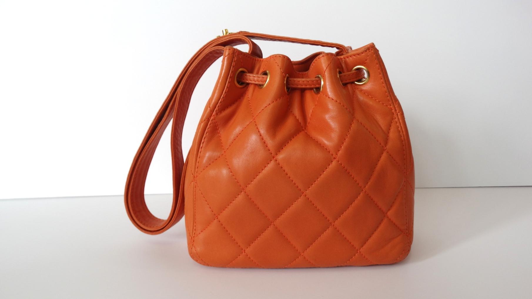 Chanel 1990s Orange Quilted Leather Bucket Bag  8