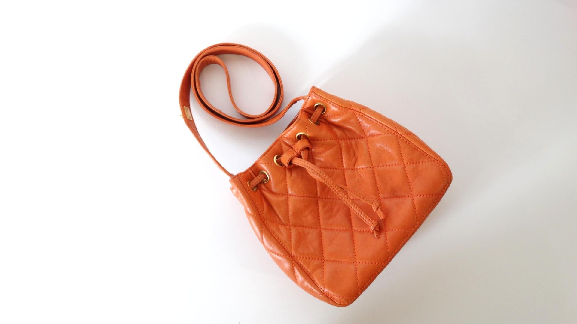 1990s Chanel Orange Quilted Leather Bucket Bag  10