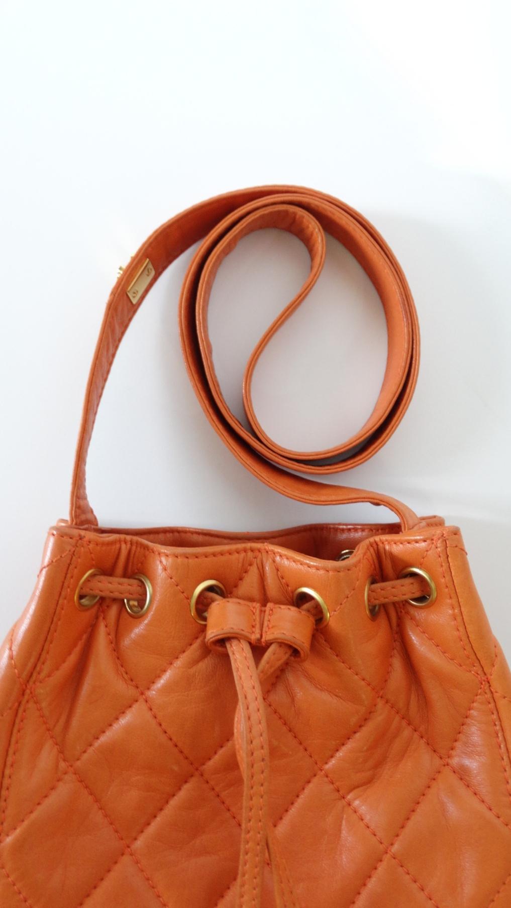 Chanel 1990s Orange Quilted Leather Bucket Bag  11