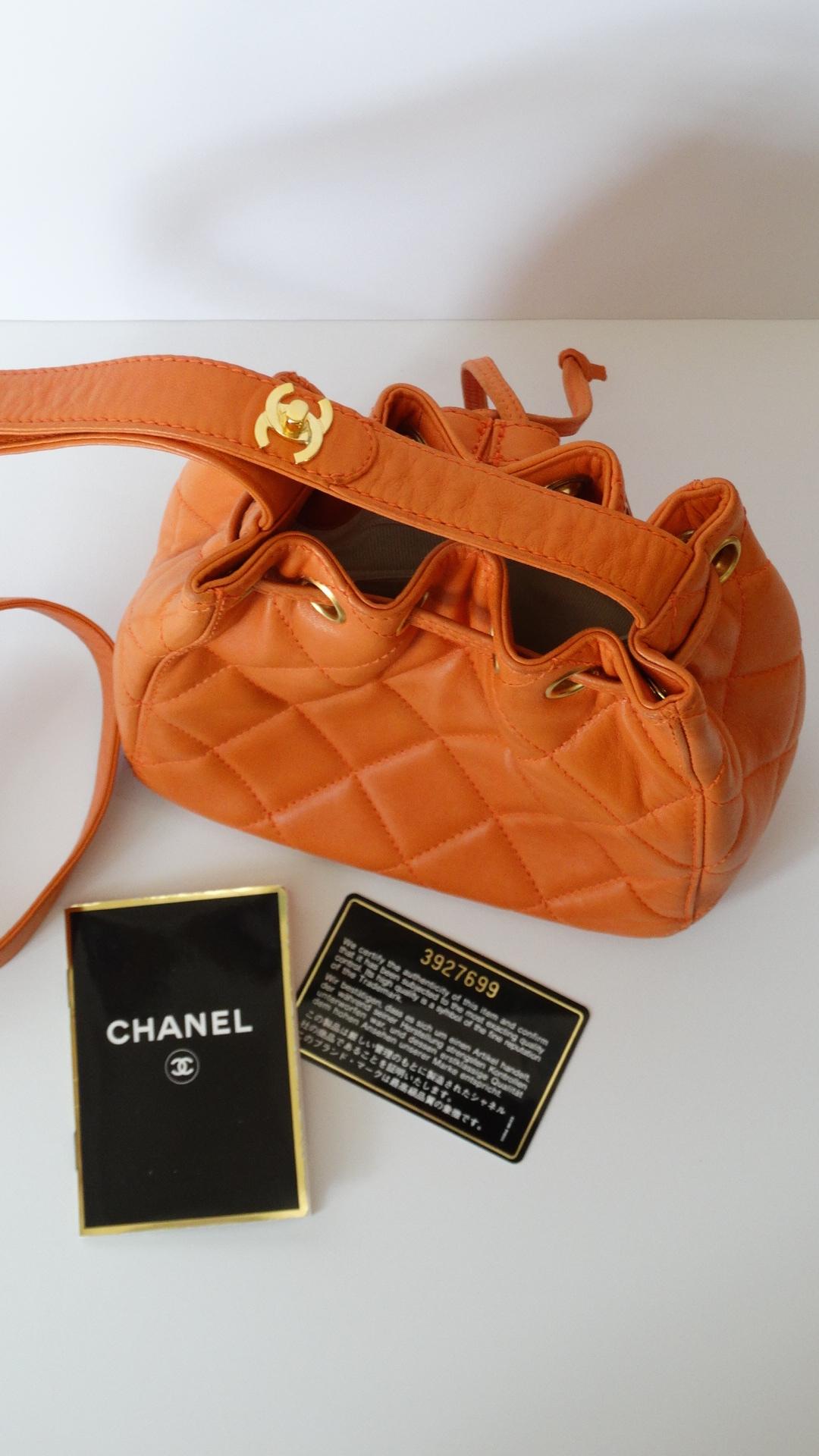 1990s Chanel Orange Quilted Leather Bucket Bag  12