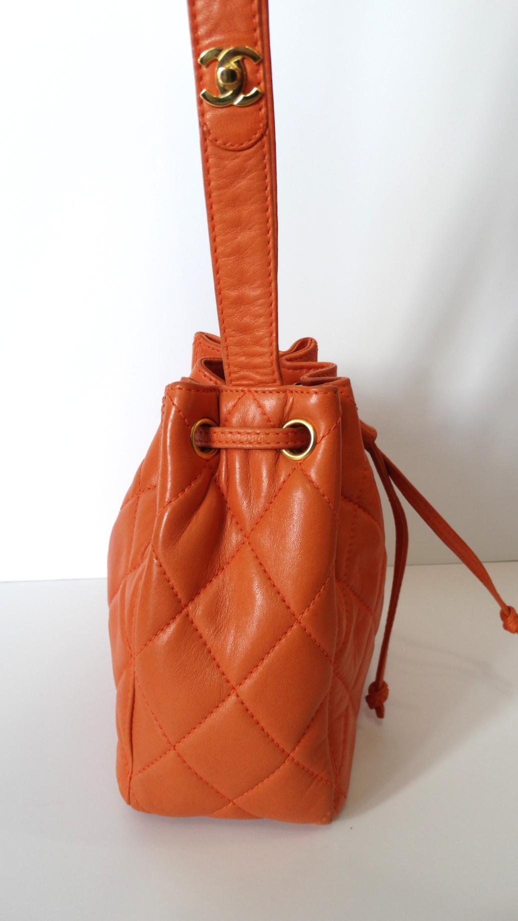 Chanel 1990s Orange Quilted Leather Bucket Bag  13