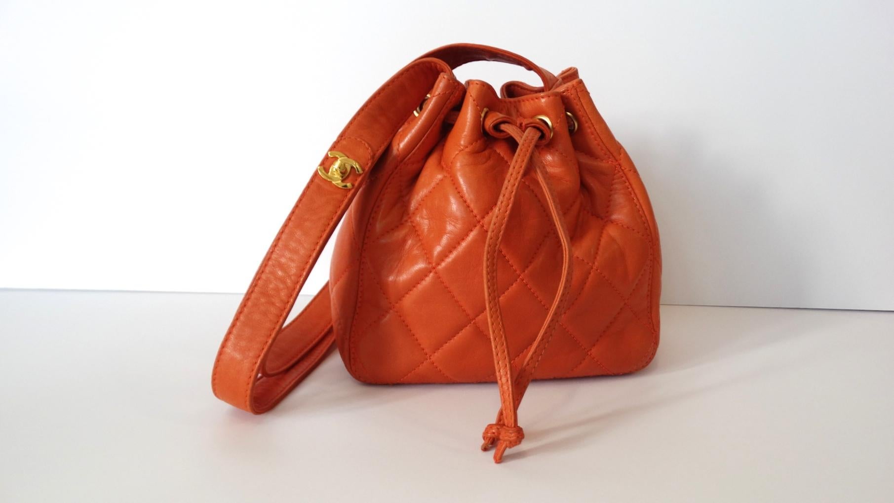 1990s Chanel Orange Quilted Leather Bucket Bag  14