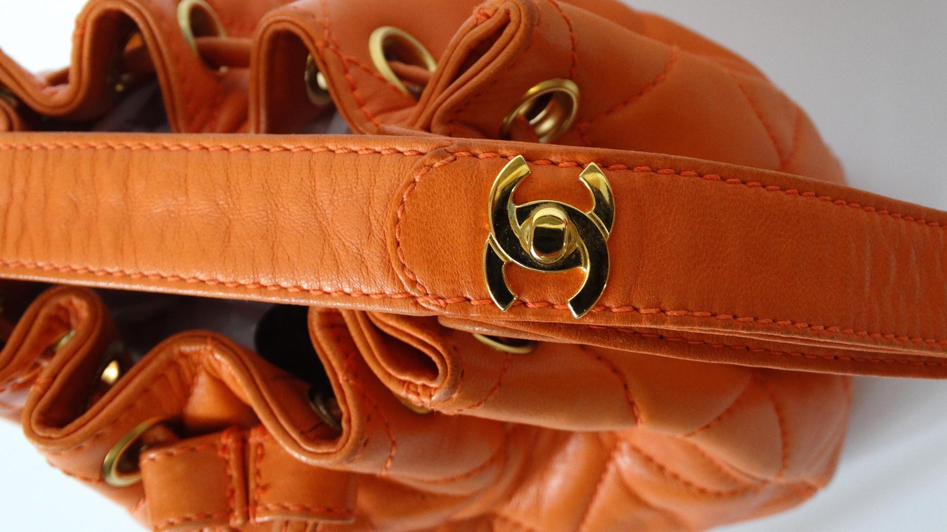 1990s Chanel Orange Quilted Leather Bucket Bag  2