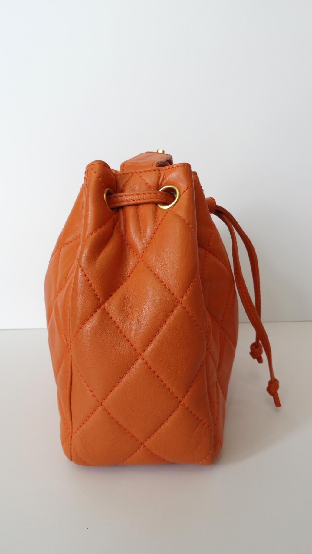 Chanel 1990s Orange Quilted Leather Bucket Bag  3