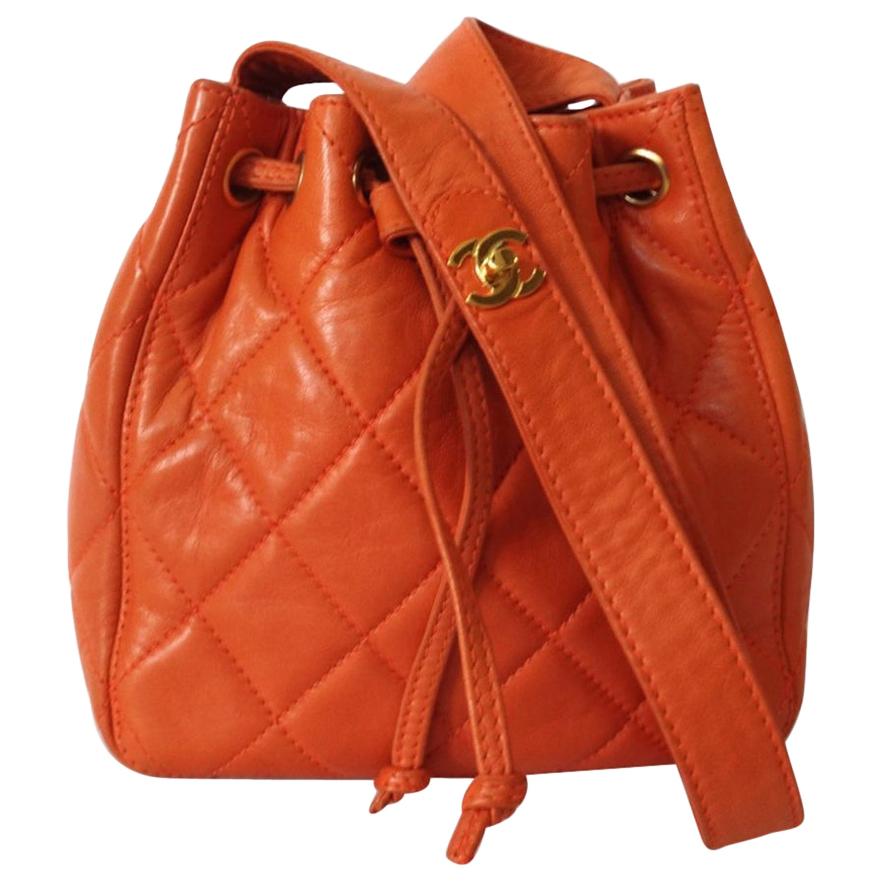 Chanel 1990s Orange Quilted Leather Bucket Bag 