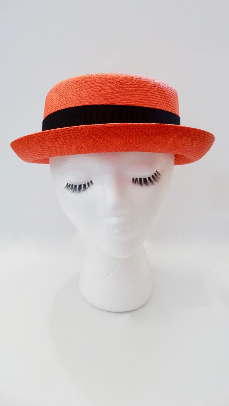 1990s Chanel Orange Straw Boater Hat at 1stDibs
