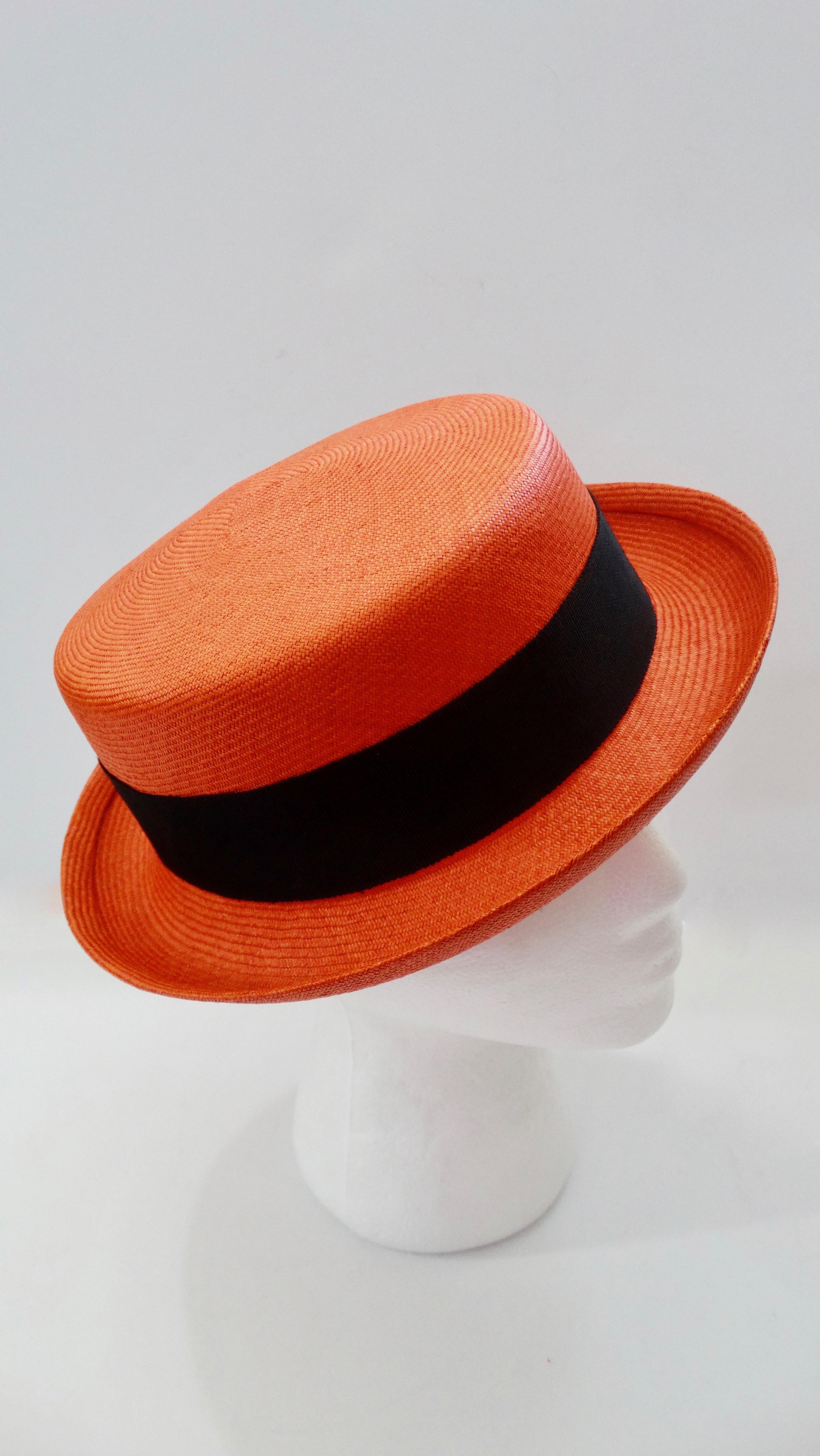 Red 1990s Chanel Orange Straw Boater Hat