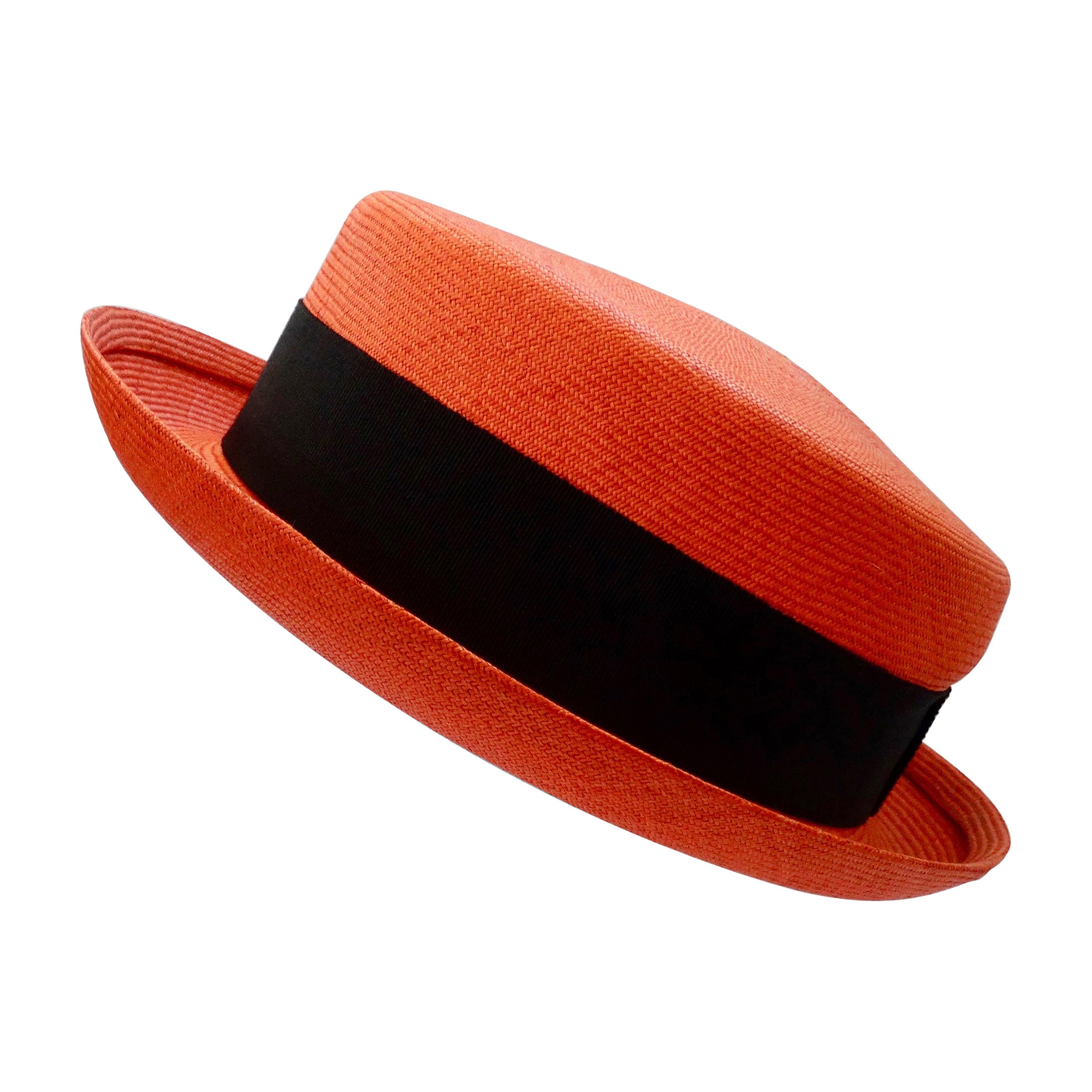 1990s Chanel Orange Straw Boater Hat