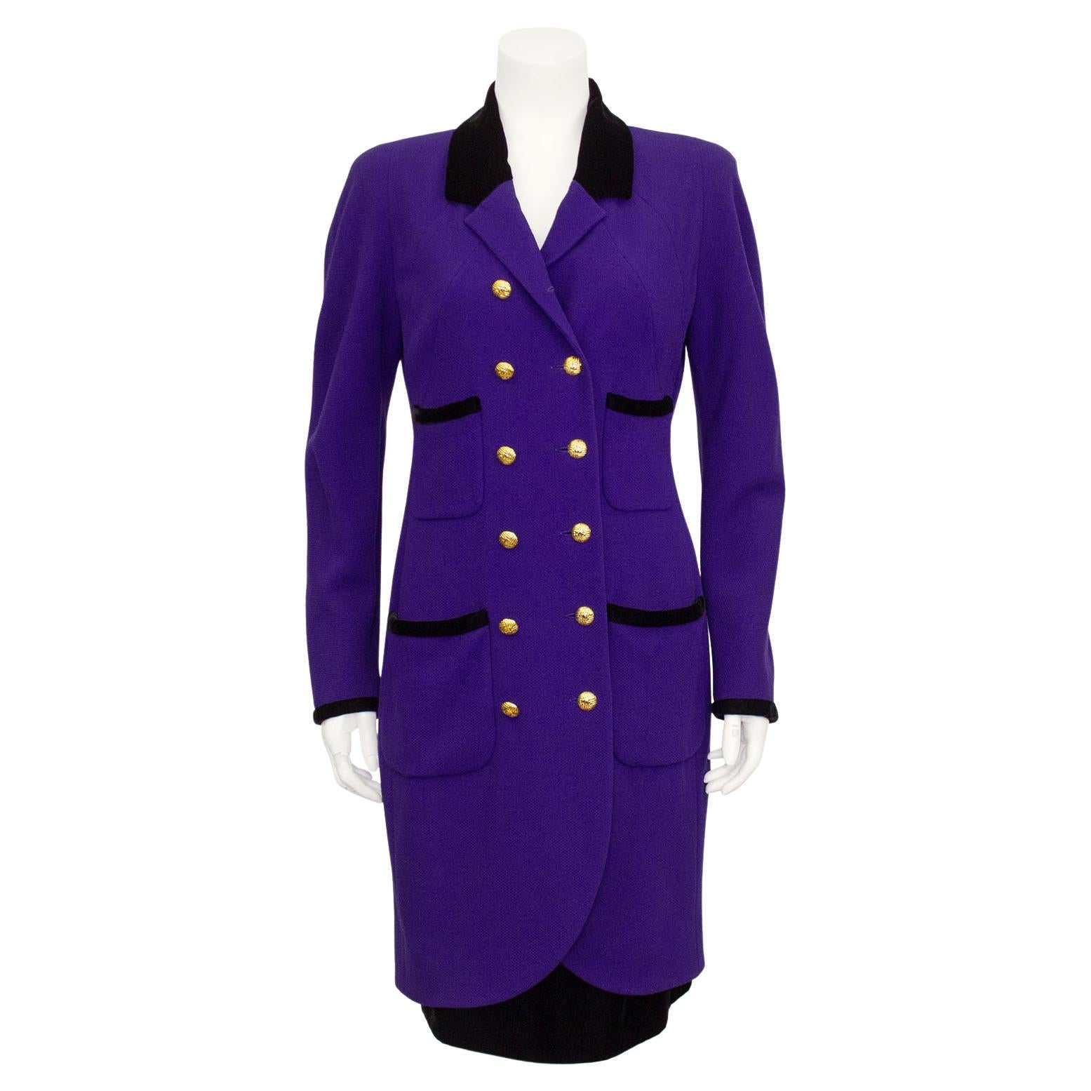1980s Chanel Purple and Black Velvet Coat Dress and Skirt Ensemble For Sale