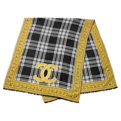 1990's Chanel Rectangular Black, White and Gold Silk Scarf