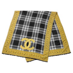 1990's Chanel Rectangular Black, White and Gold Silk Scarf