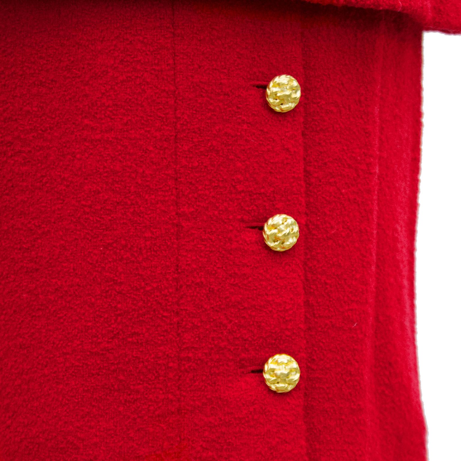 1990's Chanel Red Boucle Skirt Suit In Good Condition In Toronto, Ontario