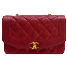 1990s Chanel Red Caviar Leather Small Diana Flap Bat