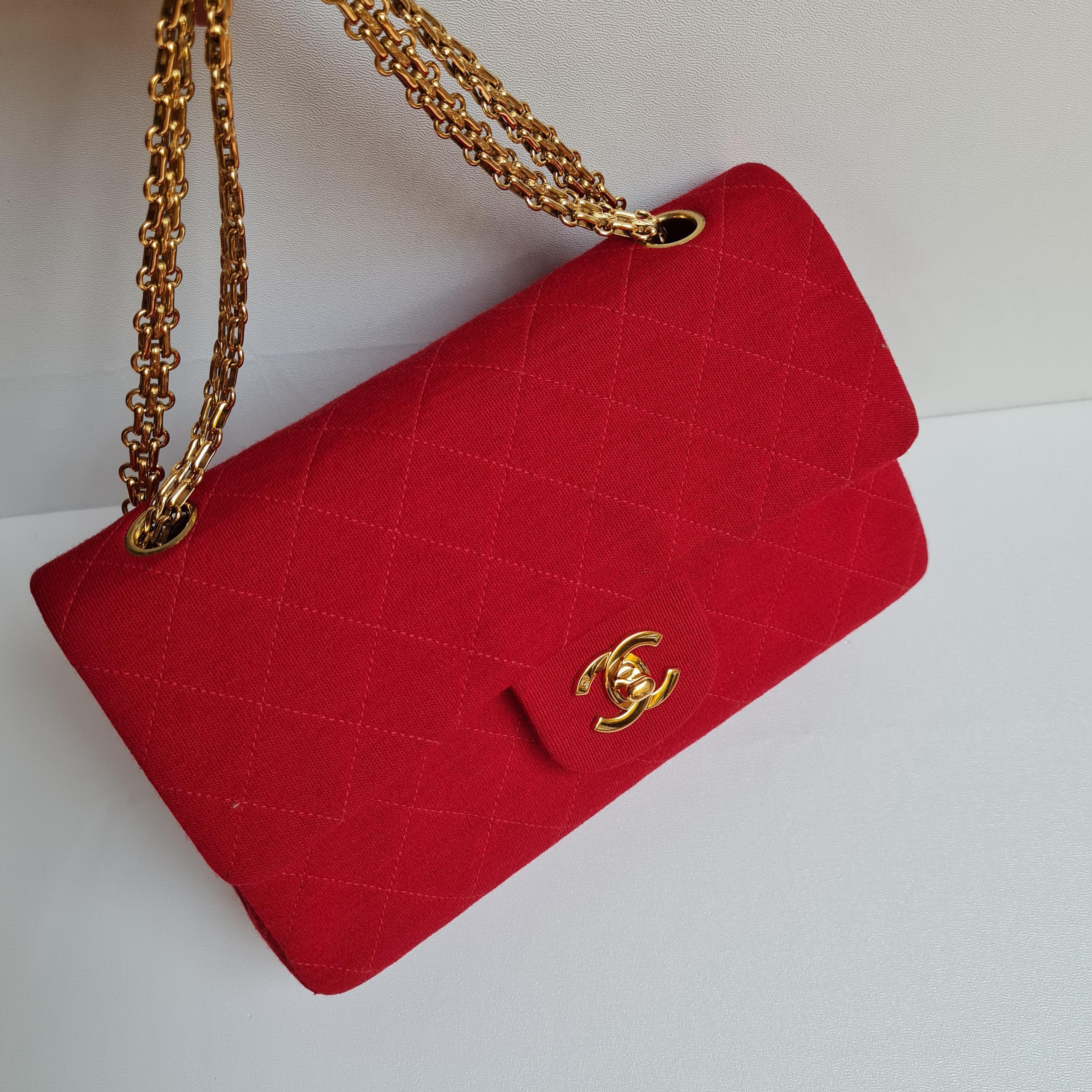 1990s Chanel Red Jersey Quilted Medium Flap Bag 1