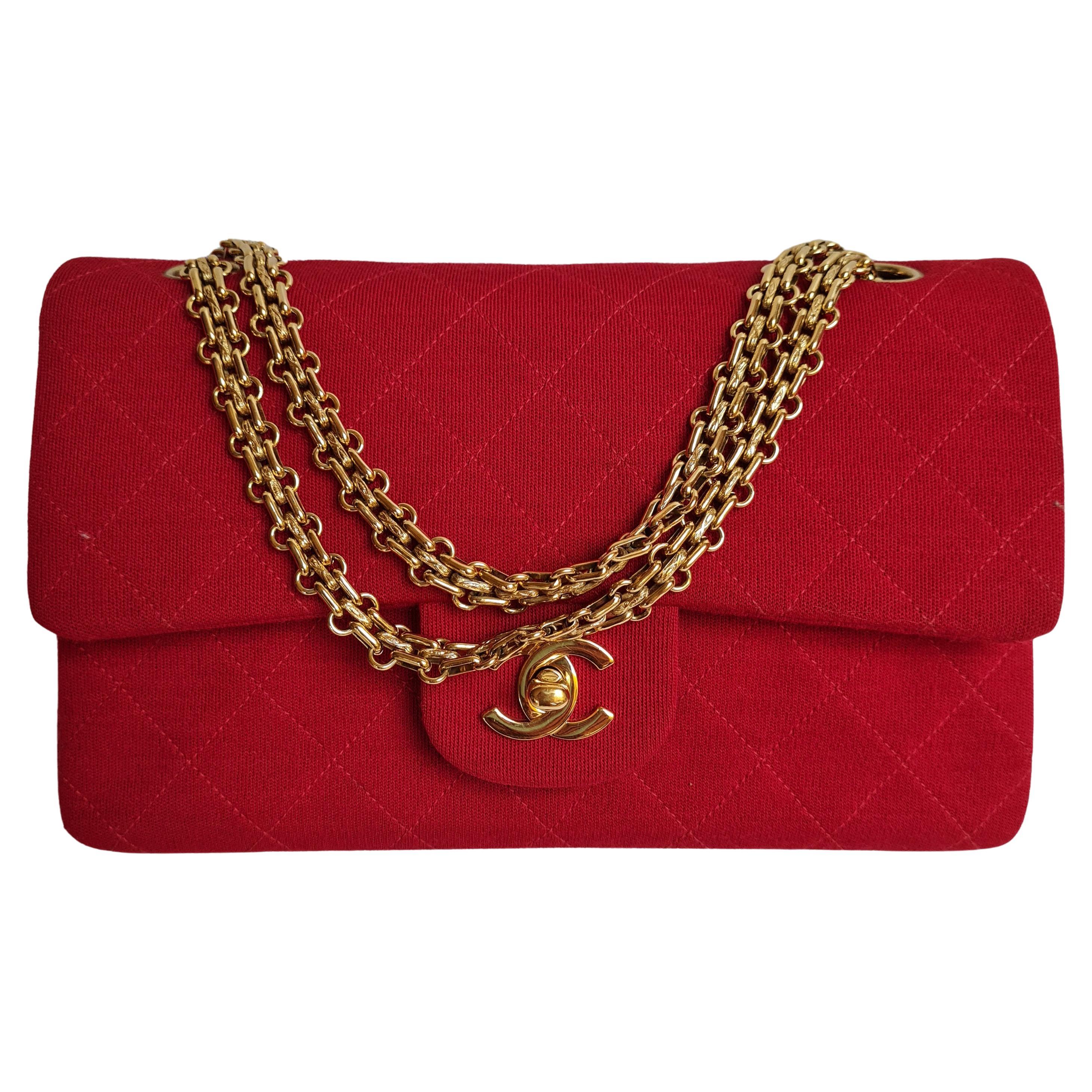 1990s Chanel Red Jersey Quilted Medium Flap Bag