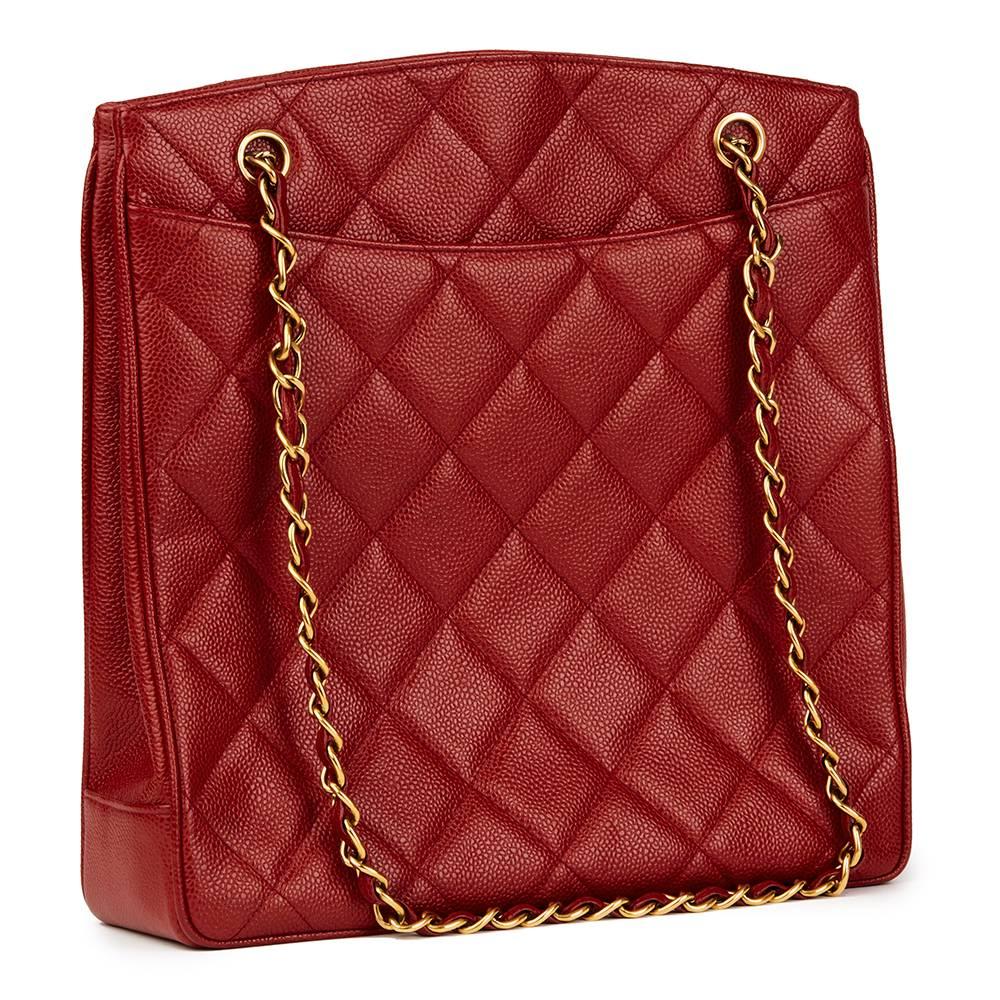 1990 Chanel Red Quilted Caviar Leather Vintage Shoulder Bag In Excellent Condition In Bishop's Stortford, Hertfordshire